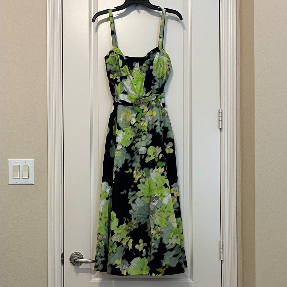 DKNY Black and Green Floral Midi Dress